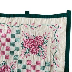 Checkerboard floral embroidered wall hanging pink green 27"x34"